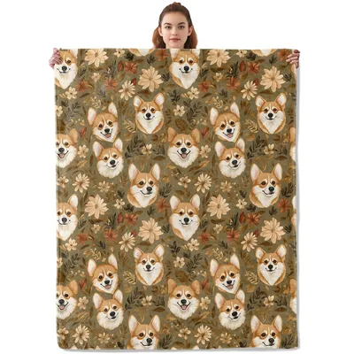 Corgi Dogs Floral Pattern Blanket: Cute Corgi Faces in Vintage Flowers