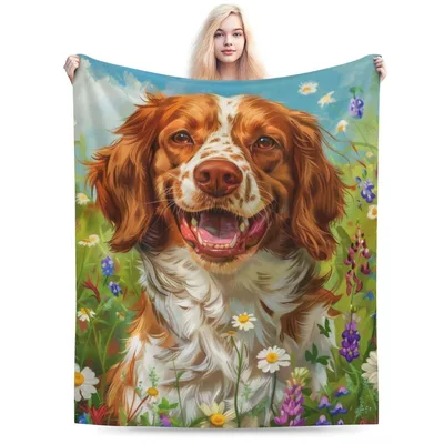 Brittany Spaniel in Wildflowers Blanket: A Joyful Dog Portrait