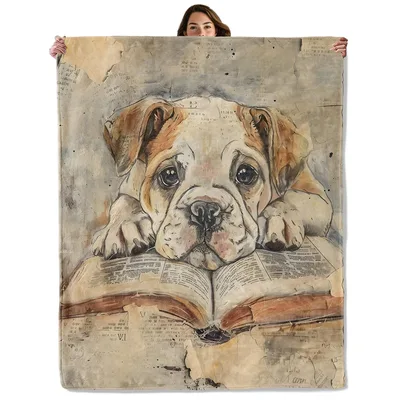 Bulldog Reading Old Book Blanket: A Vintage Puppy with an Open Book