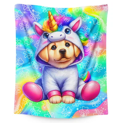Puppy in Unicorn Costume Blanket: Rainbow Paws and Golden Fur