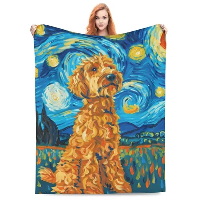 Goldendoodle in Starry Night Blanket: Artistic Dog Throw