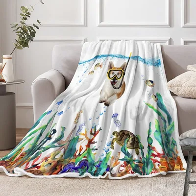 Corgi Diving with Tropical Blanket: Snorkeling Dog Design