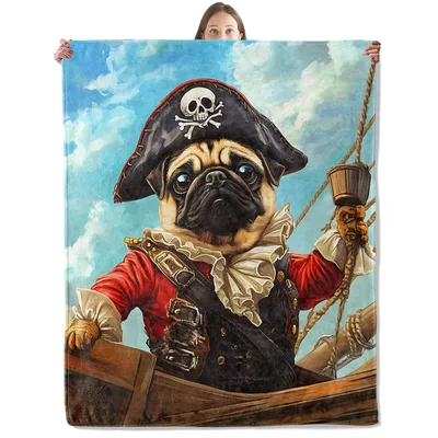 Pirate Pug on Ship Blanket: A Furry Captain Ready for Adventure