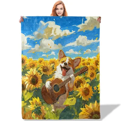 Corgi with Guitar Blanket: Rocking Sunflowers and Joy