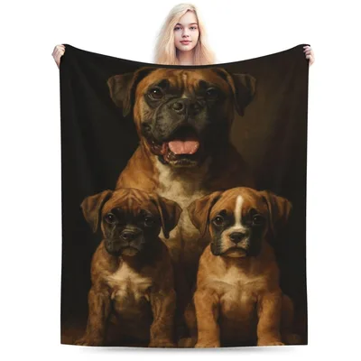 Boxer Dog and Puppies Blanket: Classic Portrait of Mother and Young