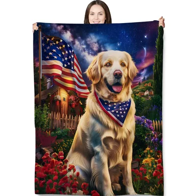 Patriotic Golden Retriever Portrait Blanket
