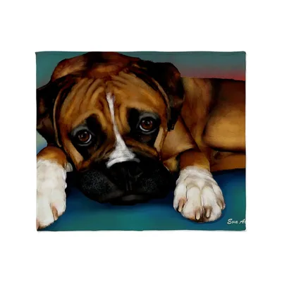 Boxer Dog Lying Portrait Blanket: Artistic Fawn and White Design