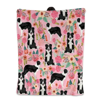 Australian Shepherd Floral Pattern Blanket: Pink Dog and Flower Design