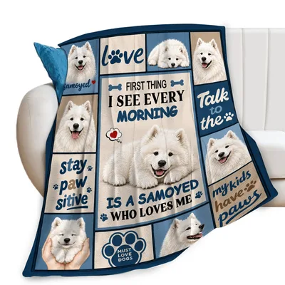 First Thing I See Samoyed Blanket featuring happy white dogs