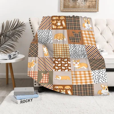 Corgi Patchwork Plaid Pattern Blanket No. 2