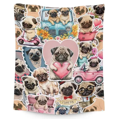 Pugs Love Collage Blanket: A Sticker-Style Pug Throw for Lovers
