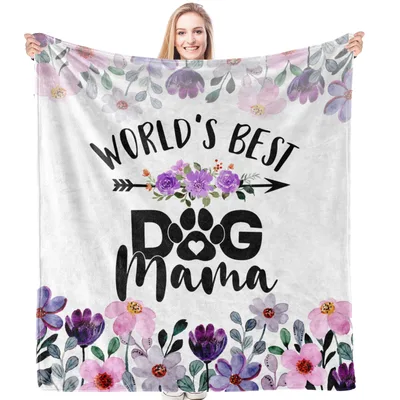 World's Best Dog Mama Blanket with Floral Paw Print Design