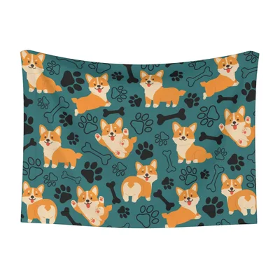 Corgi Paw Print Pattern Blanket: Playful Dogs and Bones on Teal