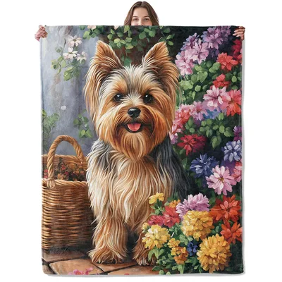 Yorkshire Terrier with Flowers Blanket No. 2: A Joyful Garden Portrait