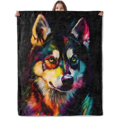 Neon Husky Dog Art Blanket featuring a vibrant