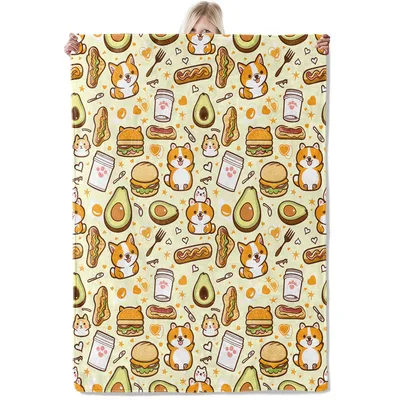 Corgi Doodle Dog Food Blanket: Cute Corgis and Fast Food Pattern