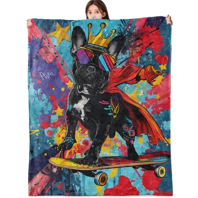 Skateboard Bulldog Pop Art Blanket featuring a cool black bulldog