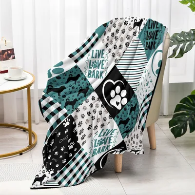 Live Love Bark Dog Blanket with Patchwork Paw Print Design