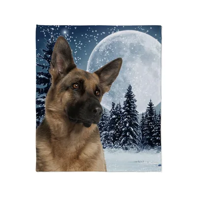 German Shepherd Winter Moon Blanket: A Snowy Portrait Design
