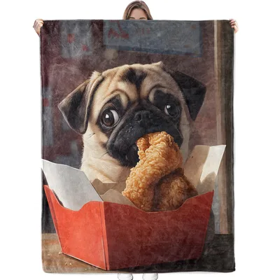 Pug Eating Fried Chicken Blanket: A Realistic Dog with a Crispy Snack
