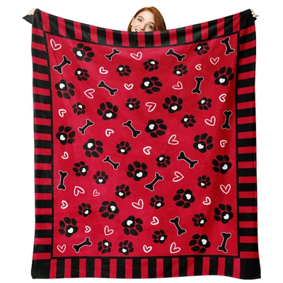 Dog Paw Prints Bone Hearts Blanket: Red Striped Border Design