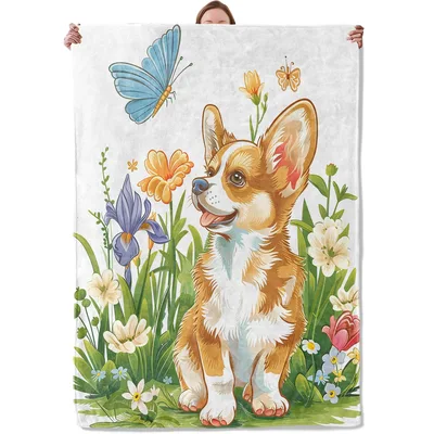 Corgi Puppy and Butterfly Blanket