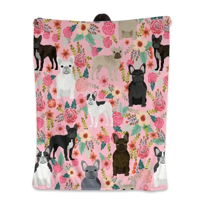 French Bulldog Floral Pattern Blanket: Cute Dogs and Pink Roses