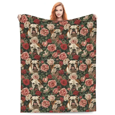 English Bulldog Floral Pattern Blanket: Vintage Roses and Dog Faces