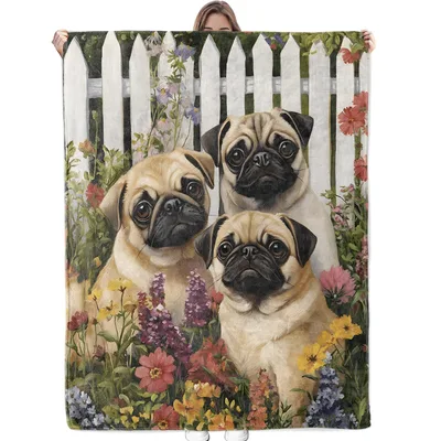 Pugs in Flower Garden Blanket