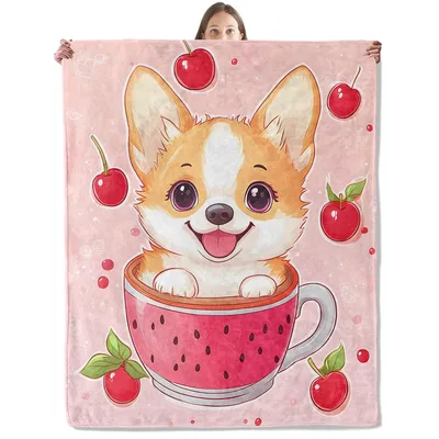 Corgi in Teacup Blanket: Cute Puppy with Cherries on Pink