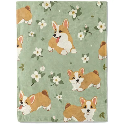 Happy Corgi Flower Garden Blanket: Cute Dogs and White Blossoms