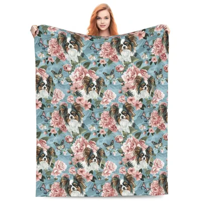 Papillon Dog Floral Pattern Blanket: Butterfly and Peony Design