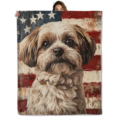 Shih Tzu with American Flag Blanket