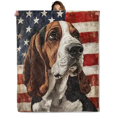 Basset Hound on American Blanket: Patriotic Dog Art for Cozy Days