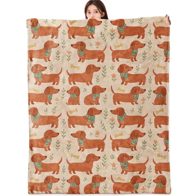 Cartoon Dachshund Floral Pattern Blanket for Cozy Dog Lovers