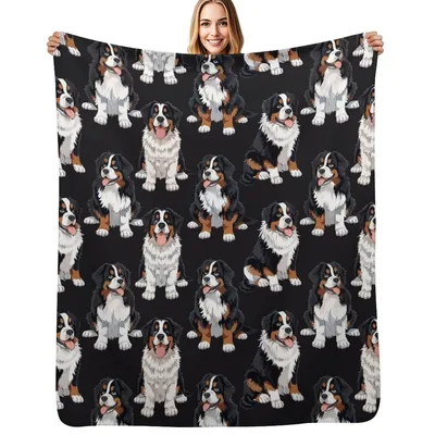 Bernese Mountain Dog Pattern Blanket: Cute Cartoon Dogs on Black