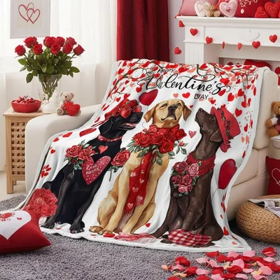 Valentine Dogs with Roses Blanket featuring romantic labradors