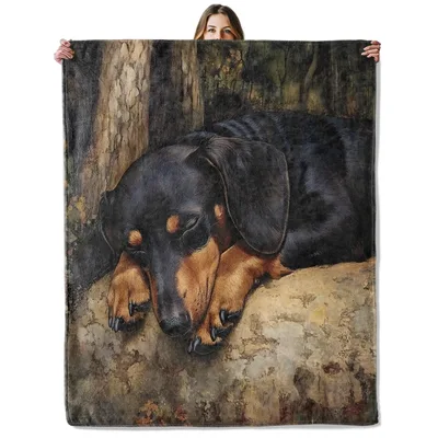 Sleeping Dachshund Dog Portrait Blanket: Realistic Art for Cozy Naps