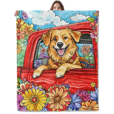 Golden Retriever in Red Blanket: Joyful Dog in Pickup Truck Design