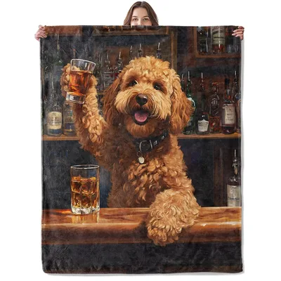 Doodle Dog Drinking Blanket: Puffy Bartender Puppy at the Bar