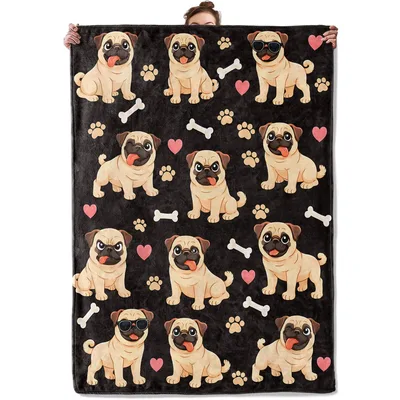 Pug Dogs Paw Prints Blanket: Cartoon Pugs with Bones and Hearts