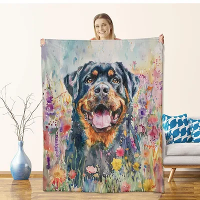 Rottweiler Dog in Floral Blanket: Watercolor Art for Dog Lovers