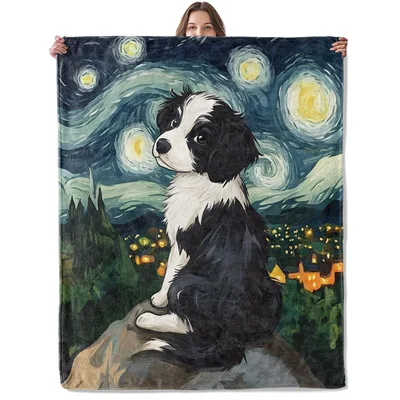 Starry Night Black Blanket: A Border Collie in Van Gogh's Swirling Sky