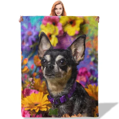 Chihuahua Among Colorful Flowers Blanket: Vibrant Dog Art