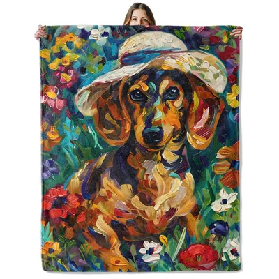 Dachshund in Hat Painting Blanket: Colorful Artistic Dog Design