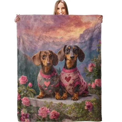 Two Dachshunds in Pink Blanket: Cozy Art with Sweater Dogs