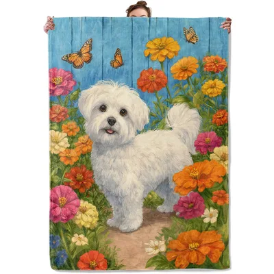 Maltese Puppy in Flower Blanket: Fluffy White Dog in Garden Print