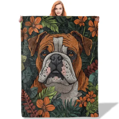Bulldog in Floral Frame Blanket