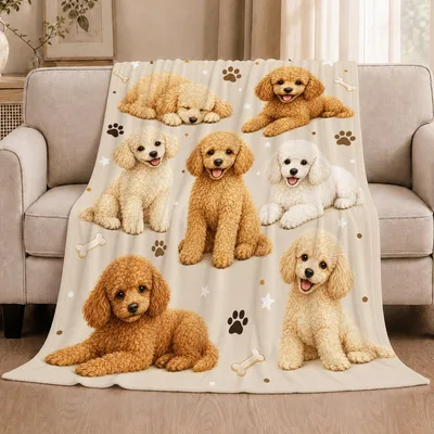 Poodle Puppies Pattern Blanket featuring seven fluffy dogs