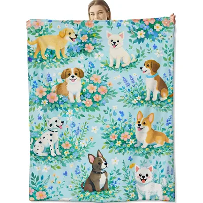 Adorable Floral Puppy Pattern Blanket: Puppies in a Garden